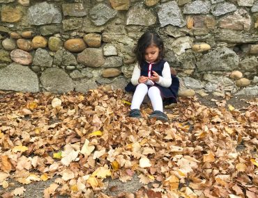 Enfant sur les feuilles au parc de Beauregard en automne