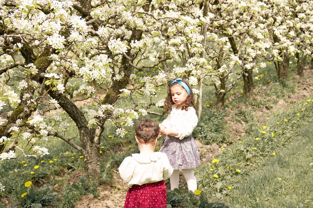 Petite fille au milieu des arbres fruitiers