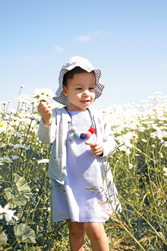 Petite fille dans un champs de fleurs à Fraisochamp, Thil